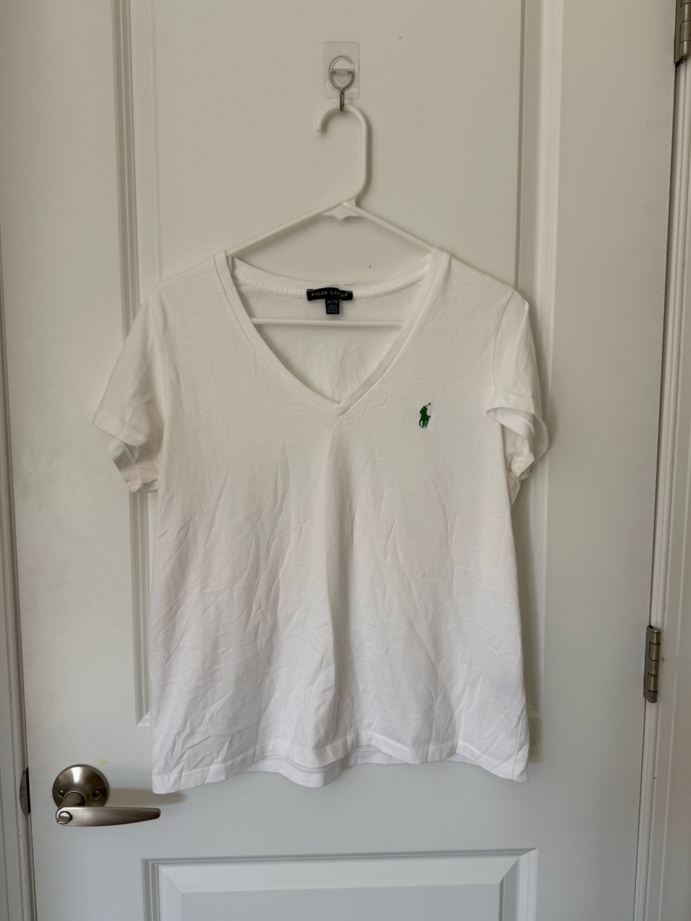 Ralph Lauren White V-Neck Tee with Green Pony Logo